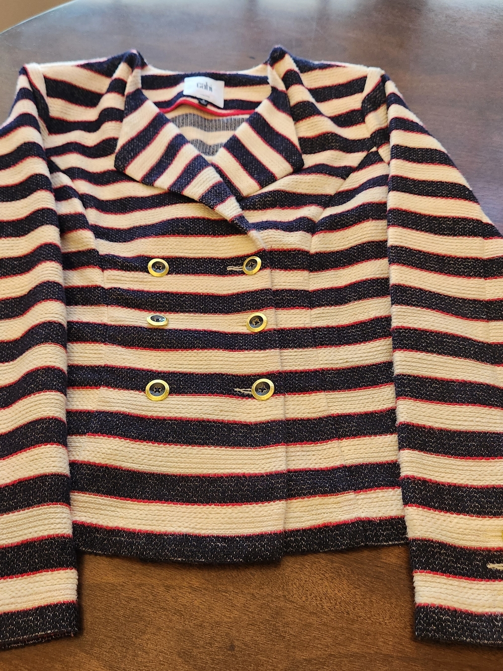 CAbi Striped Double-Breasted Blazer in Cream, Black & Red Trim